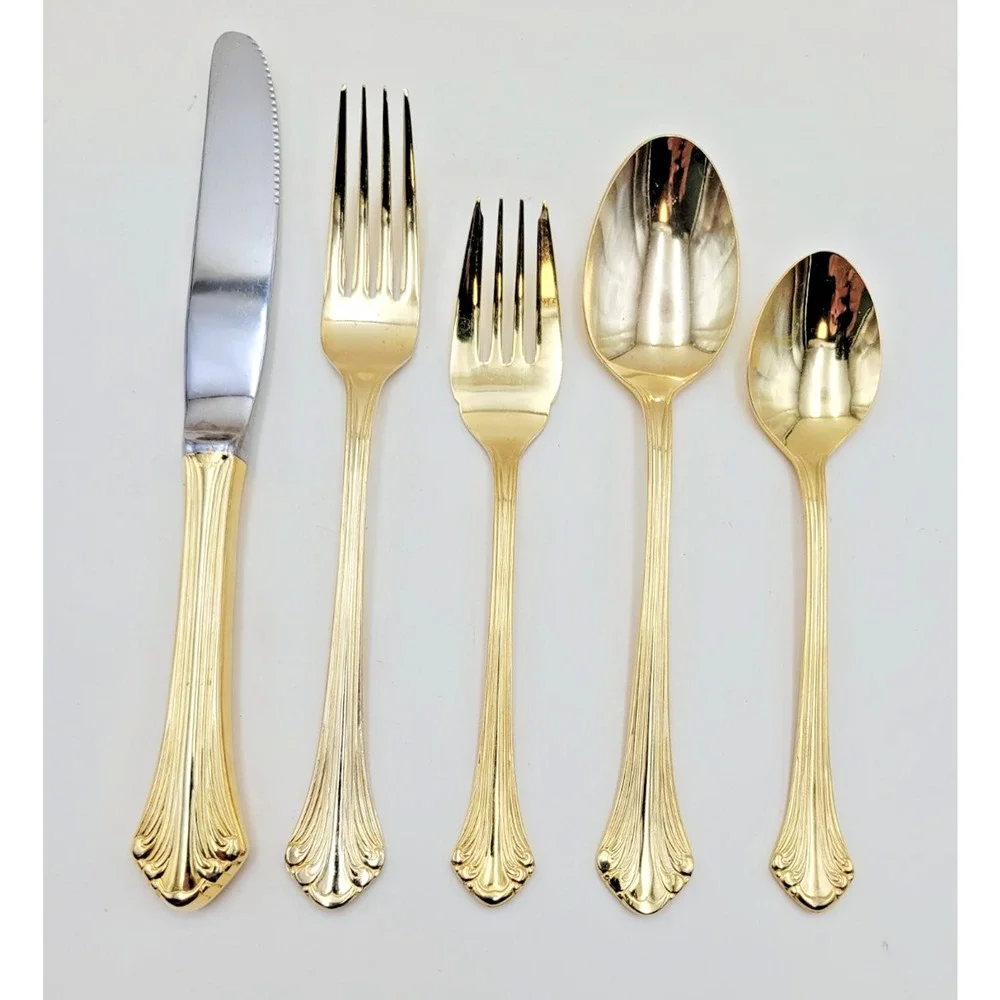 Supreme Cutlery Gold Tone Stainless Japan Flatware Set w/ Wood Case Set of 51